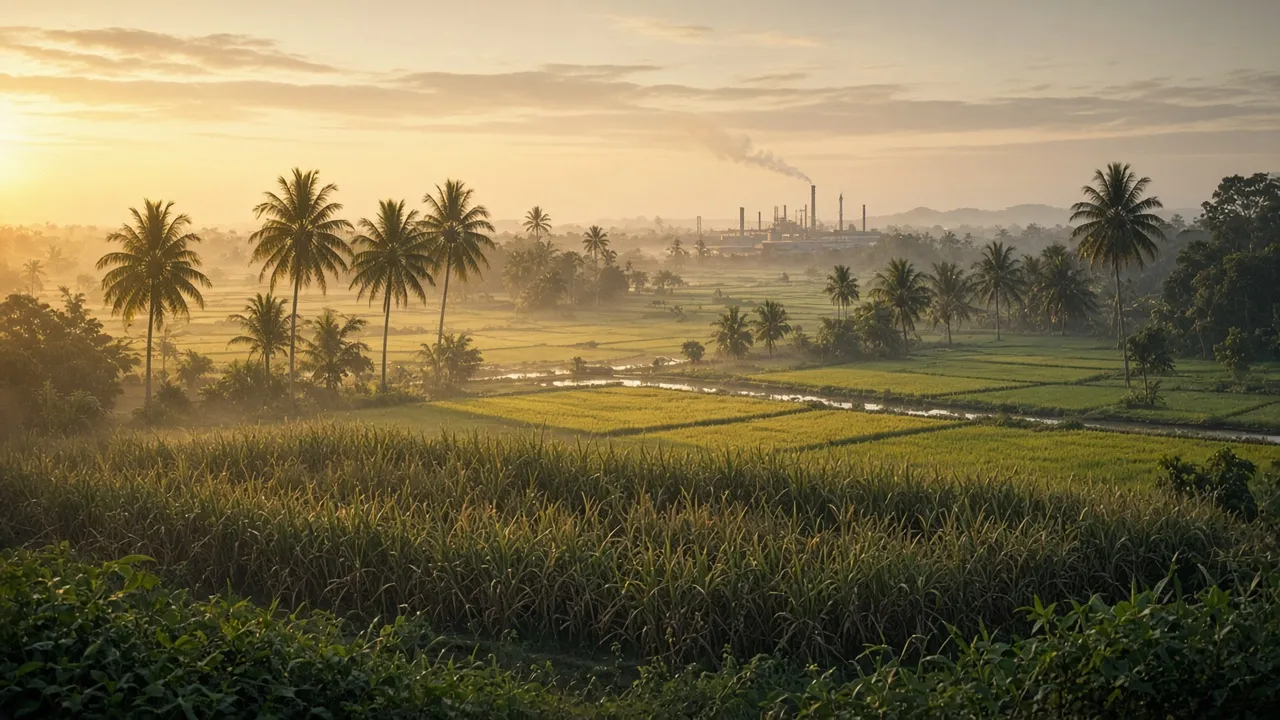 Southeast Asian farmland with coconut palms and rice fields at golden hour